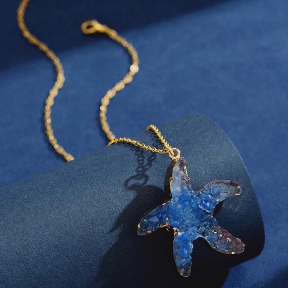 “Blue Druzy Starfish” Gold Dipped Geode Ocean Sea Marine Tropical Steel Necklace - Picture 5 of 16